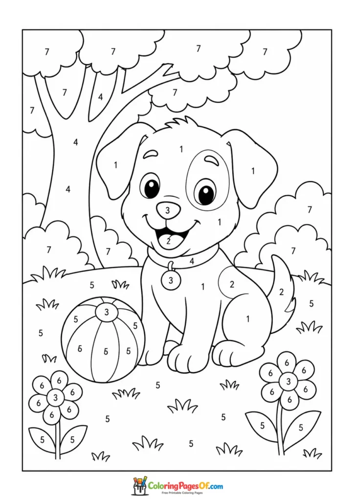 Puppy with Ball in Garden color by number coloring page