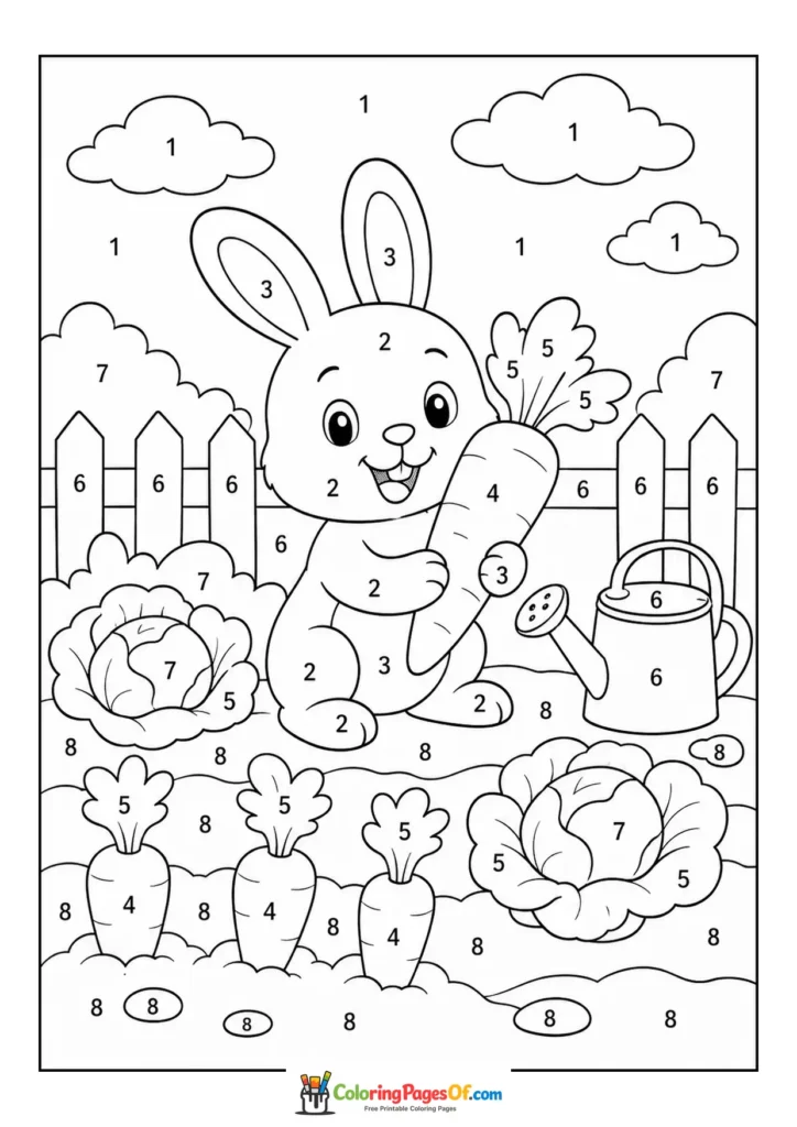 Rabbit with Carrot in Garden color by number coloring page