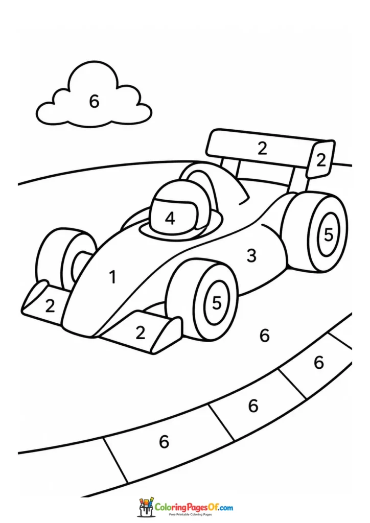 Black and white race car color by number on a track coloring page