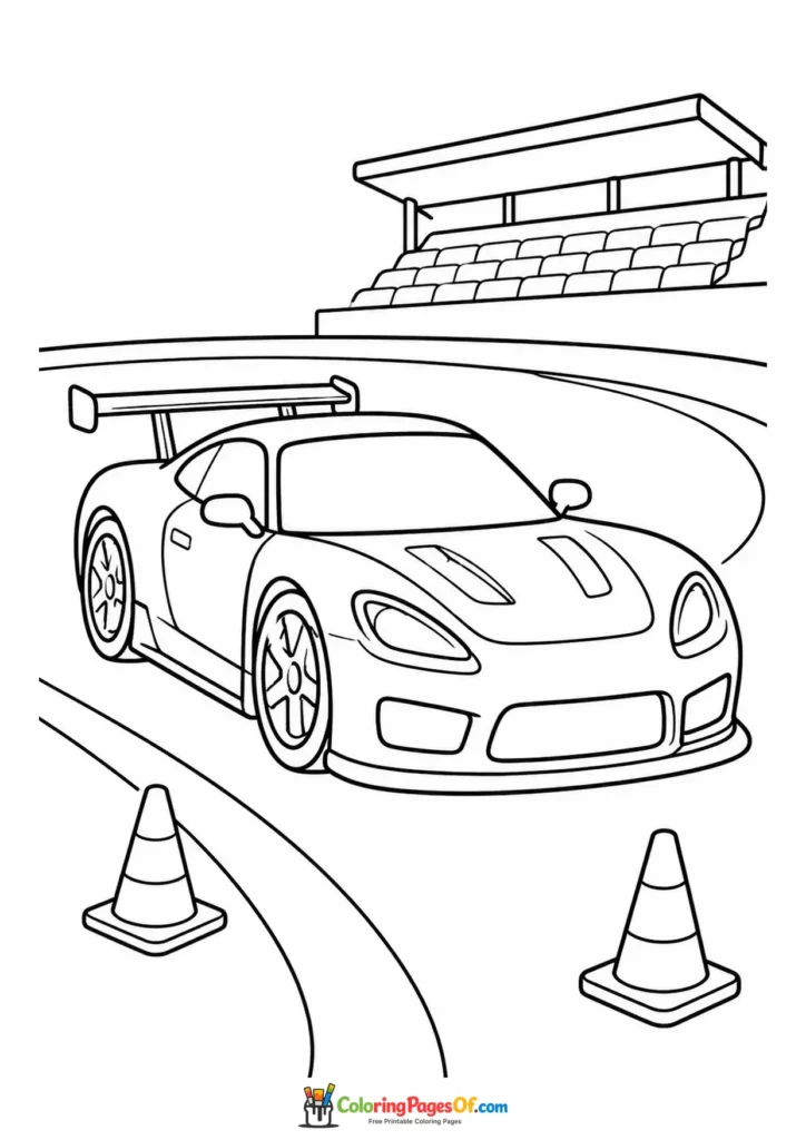 Race car on a circuit with traffic cones printable coloring sheet