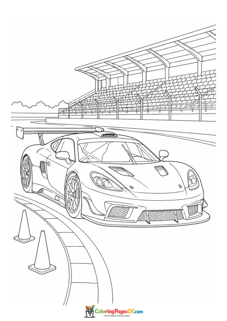 Black and white race car on a professional circuit coloring page