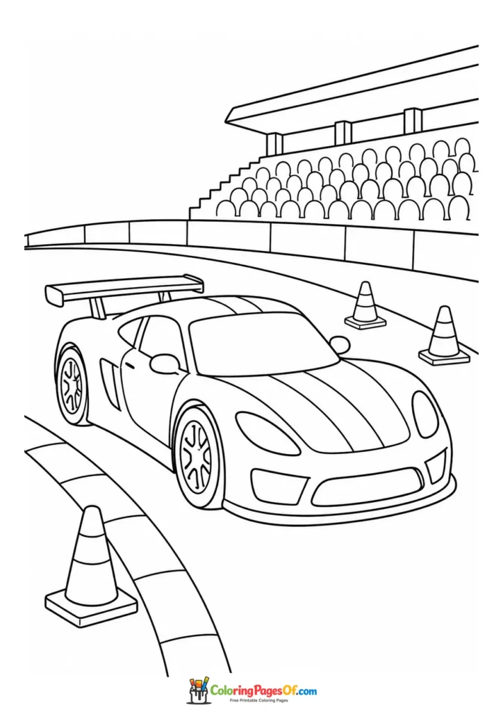 Black and white race car on a track with cones coloring page