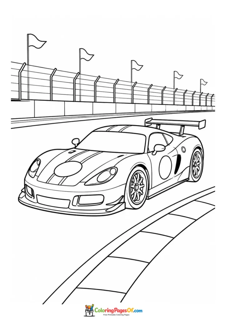 Black and white race car with racing stripes on a track coloring page