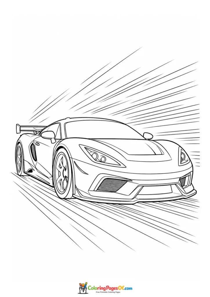 Race-inspired supercar with speed lines printable coloring sheet