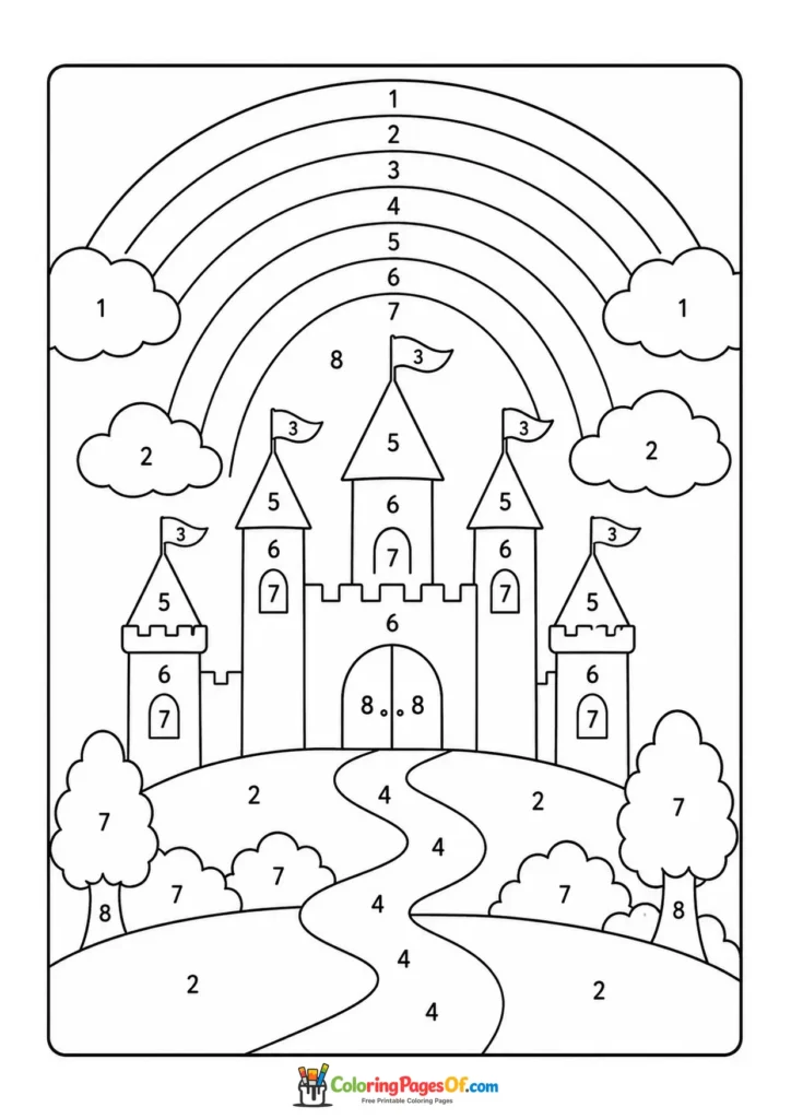 Rainbow Castle color by number coloring page