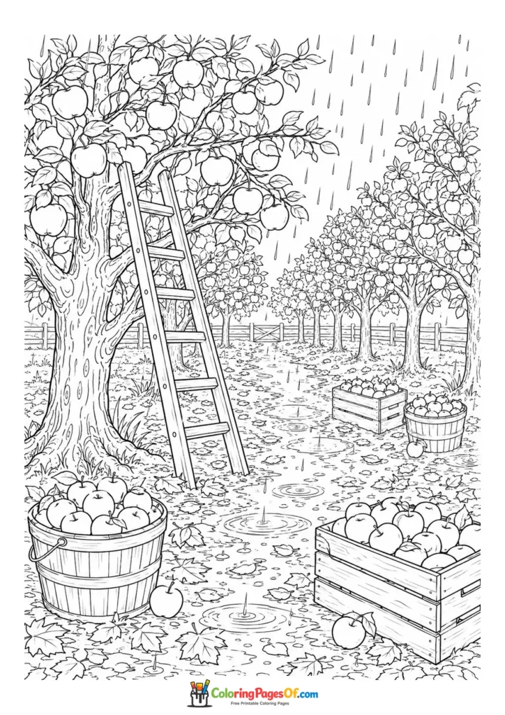 Rainy fall coloring page featuring apple orchard harvest