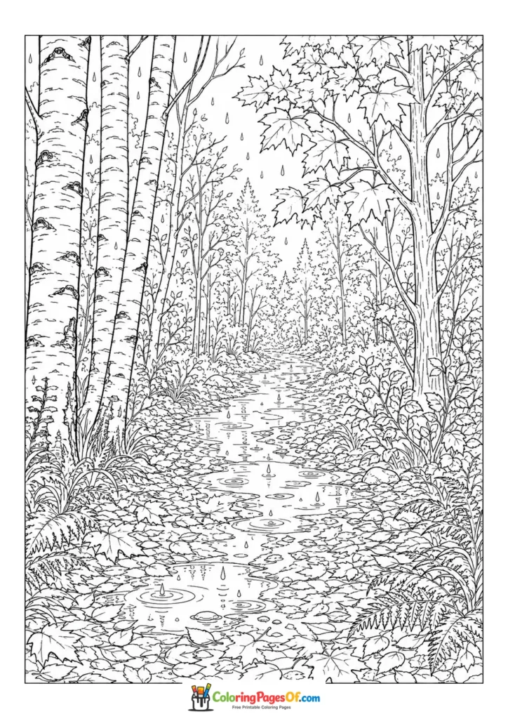 Rainy fall coloring page featuring rainy autumn forest path