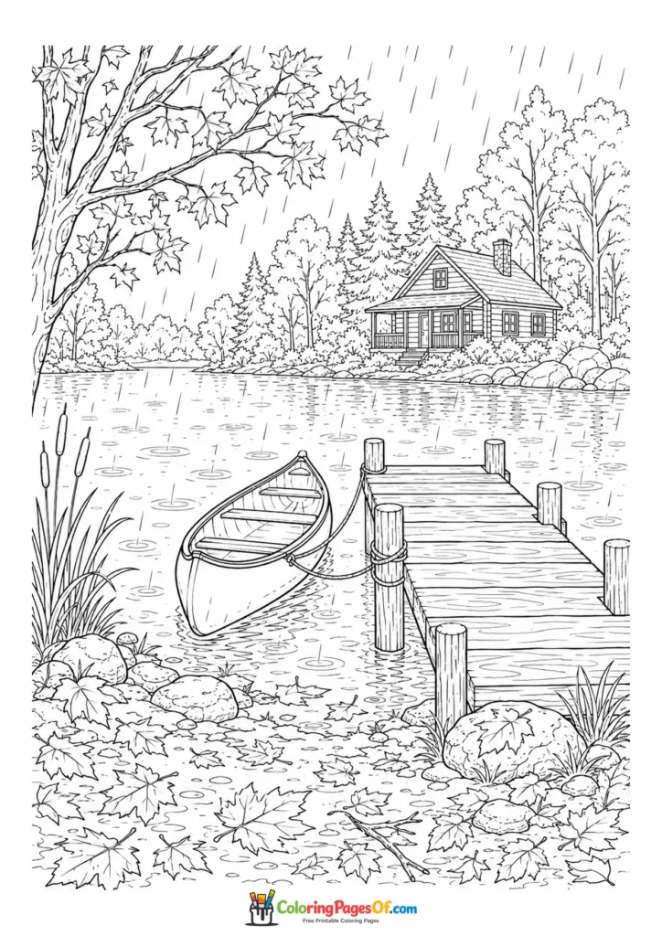 Rainy fall coloring page featuring rainy lake with a cabin and canoe