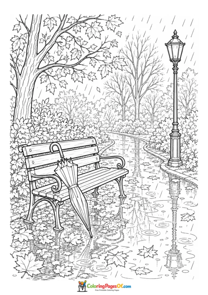 Rainy fall coloring page featuring rainy park bench and umbrella