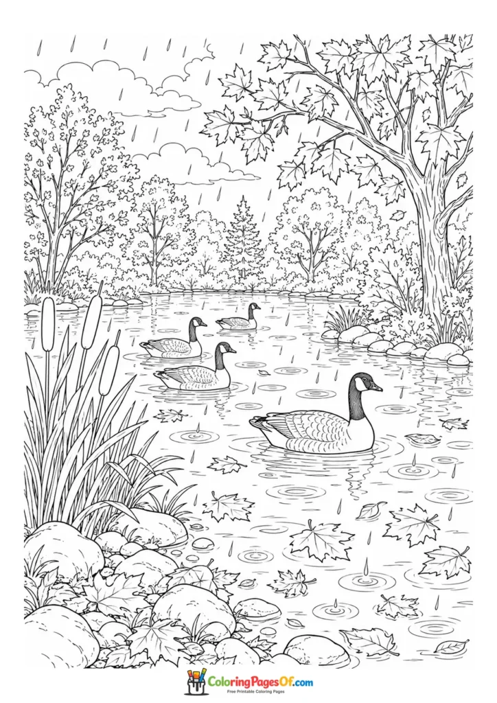 Rainy fall coloring page featuring rainy autumn pond with geese