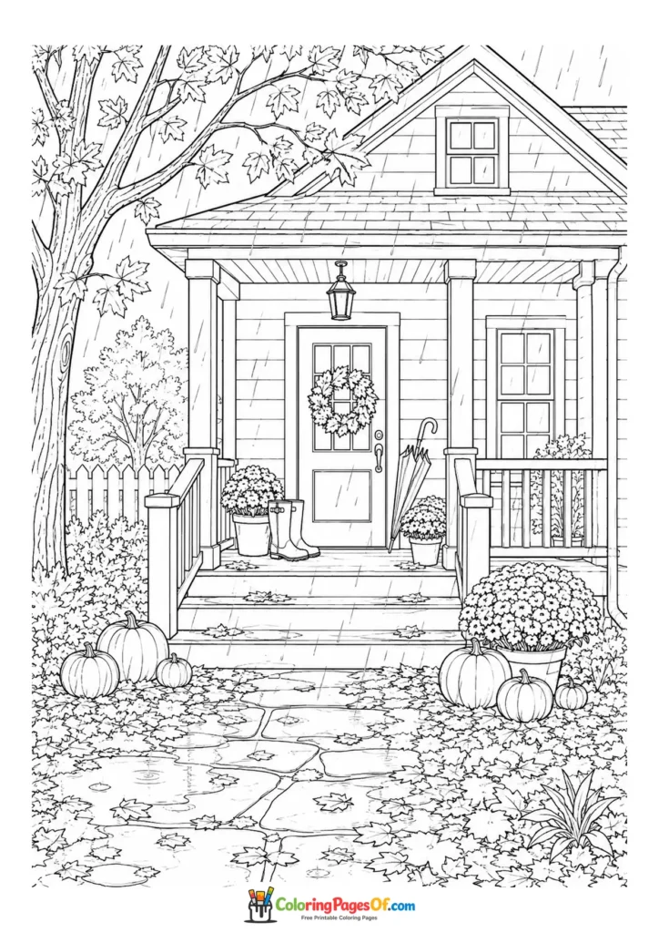 Rainy fall coloring page featuring rainy porch with boots and pumpkins