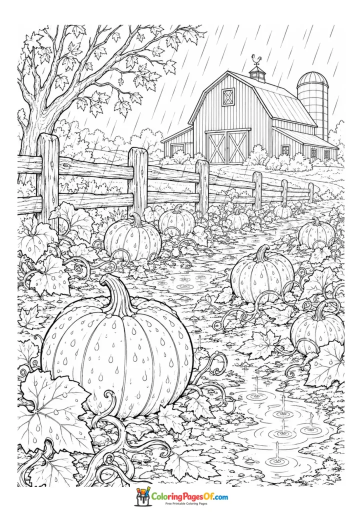 Rainy fall coloring page featuring pumpkin patch and barn