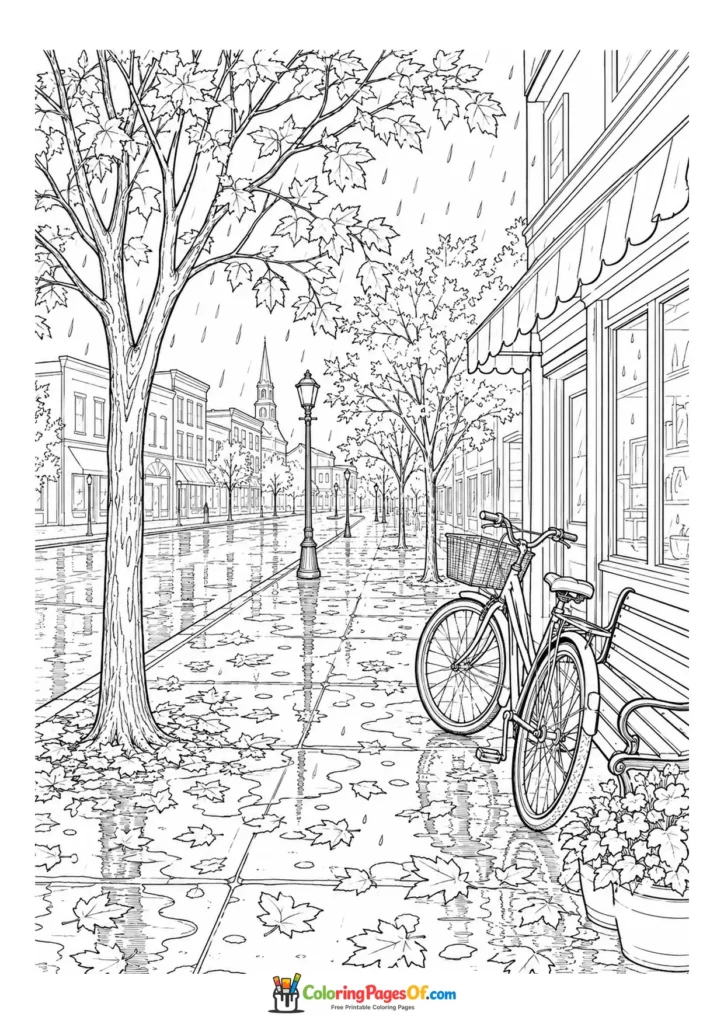 Rainy fall coloring page featuring rainy autumn town street with a bicycle