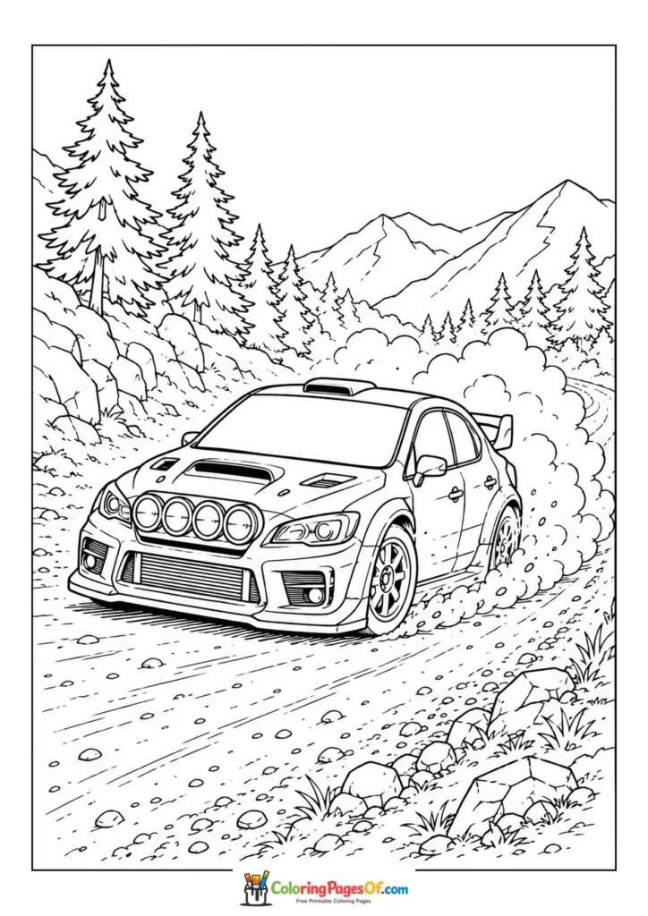 Black and white rally car drifting on a dirt road coloring page