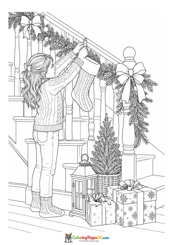 Weihnachten Ausmalbild: Realistisches Kind hängt einen Weihnachtsstrumpf auf