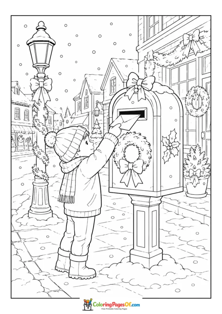 Weihnachten Ausmalbild: Realistisches Kind verschickt einen Brief an den Weihnachtsmann