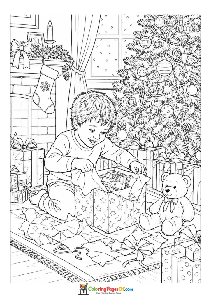 Weihnachten Ausmalbild: Realistisches Kind öffnet ein Weihnachtsgeschenk