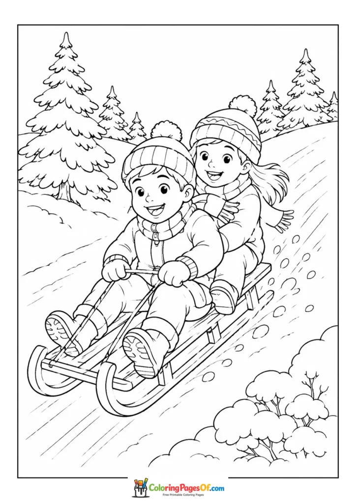 Weihnachten Ausmalbild: Realistische Kinder fahren zu Weihnachten Schlitten