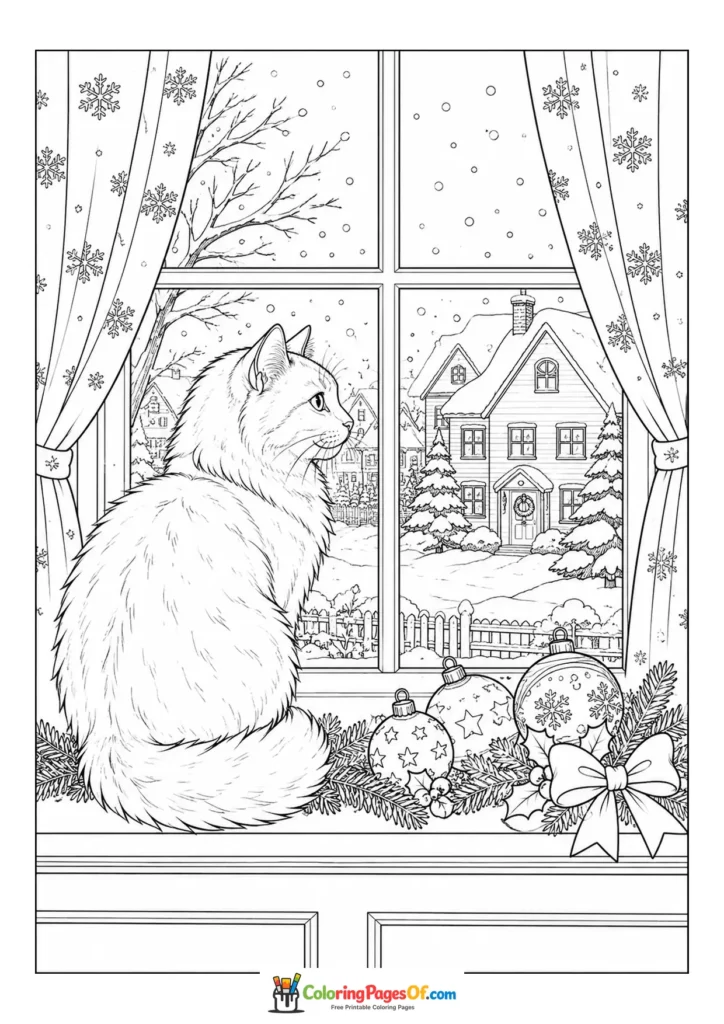 Weihnachten Ausmalbild: Realistische Weihnachtskatze auf der Fensterbank
