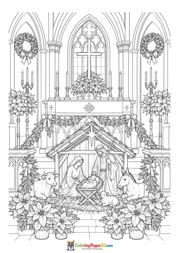 Weihnachten Ausmalbild: Realistischer Innenraum einer Weihnachtskirche mit Krippe
