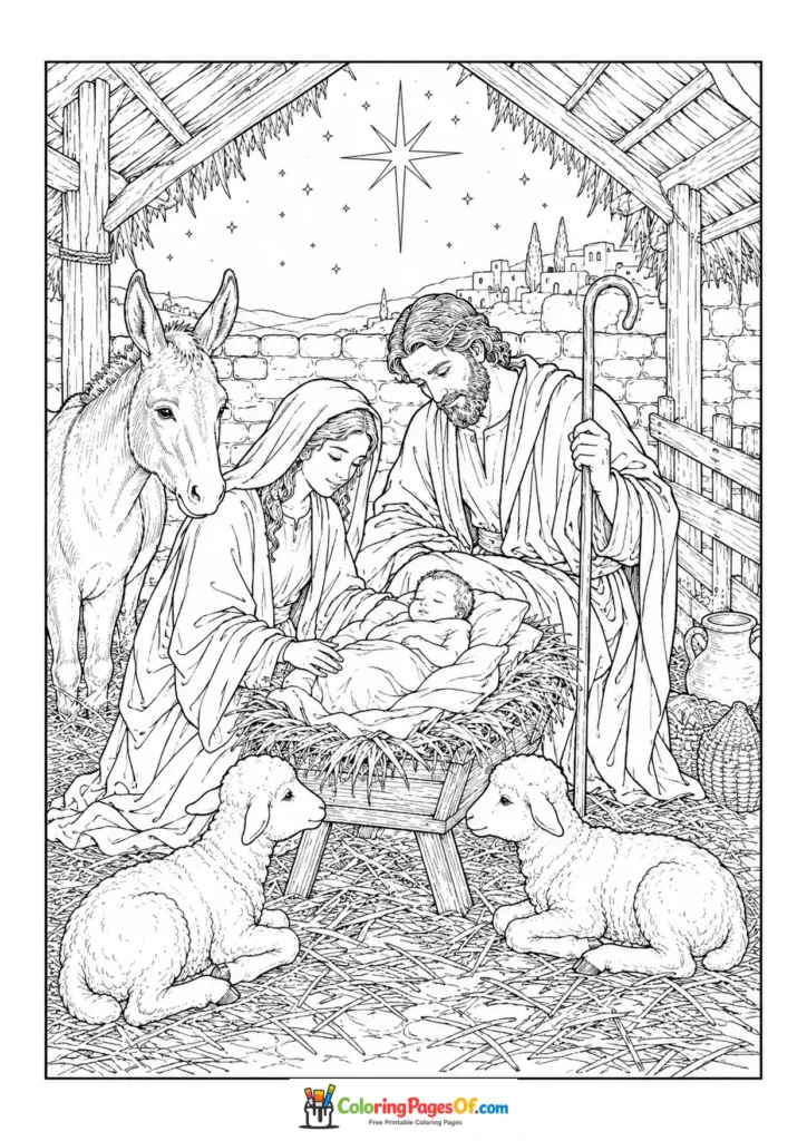 Weihnachten Ausmalbild: Realistische Weihnachtskrippe