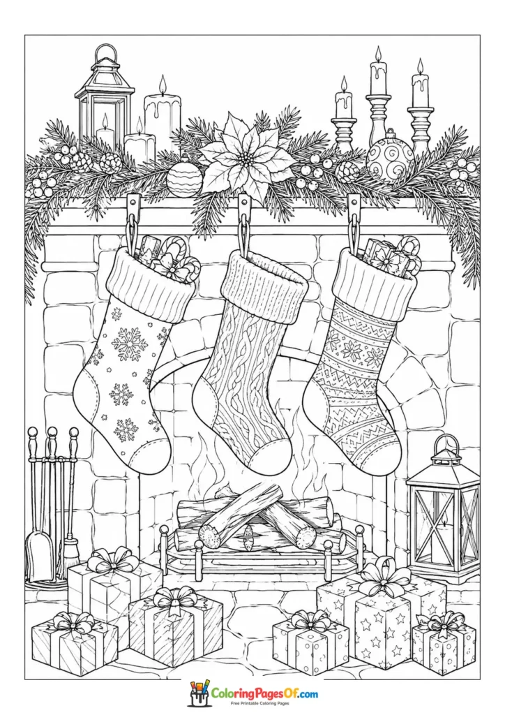 Weihnachten Ausmalbild: Realistische Weihnachtsstrümpfe am Kamin