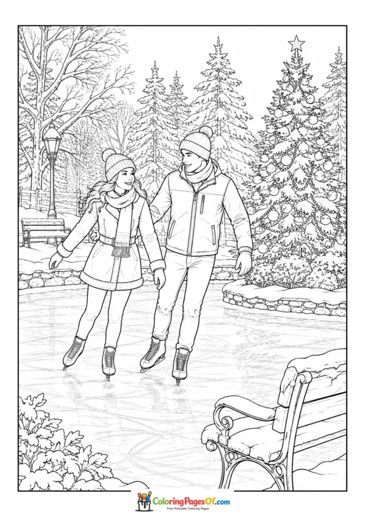 Weihnachten Ausmalbild: Realistisches Paar beim Schlittschuhlaufen zu Weihnachten
