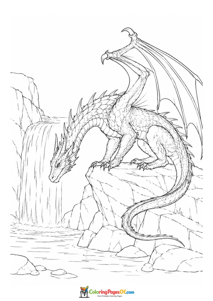 Realistic Dragon Above a Waterfall coloring page