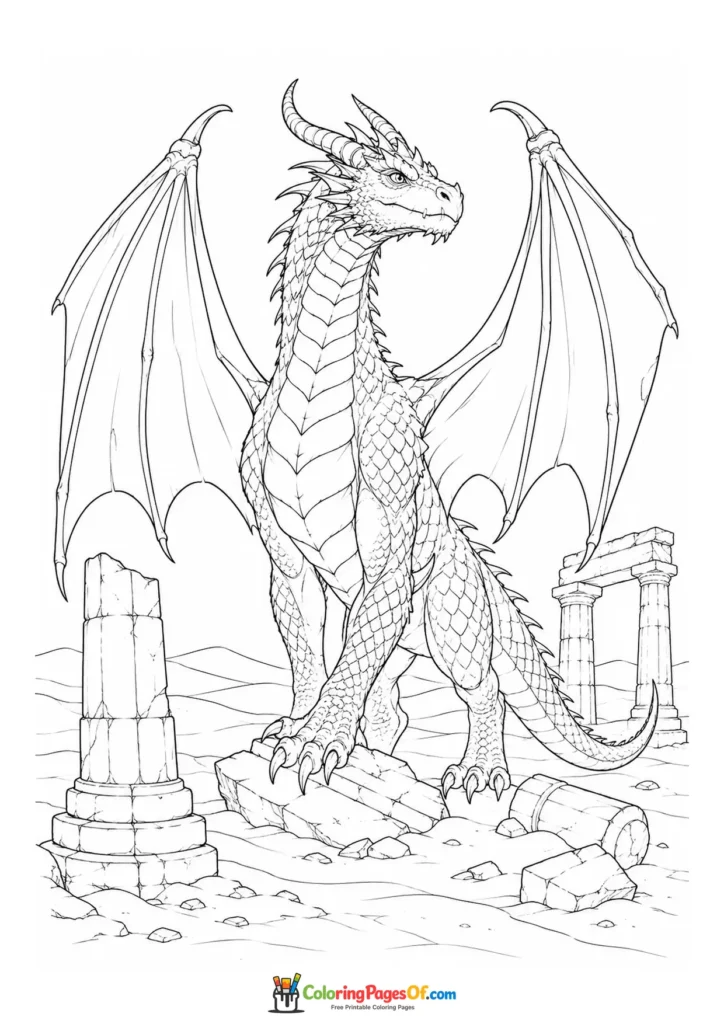 Realistic Dragon Among Desert Ruins coloring page