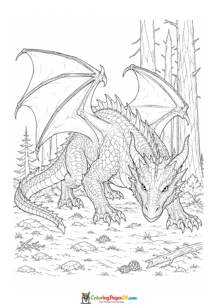 Realistic Dragon Crouching in a Forest coloring page
