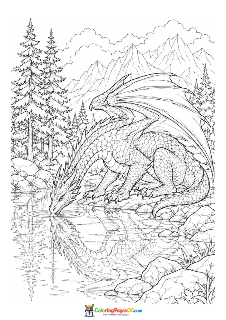 Realistic Dragon Drinking from a Forest Lake coloring page