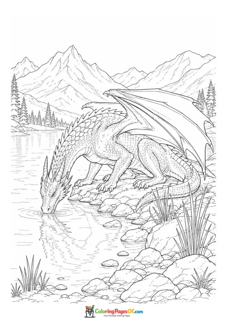 Realistic Dragon Drinking from a Mountain Lake coloring page