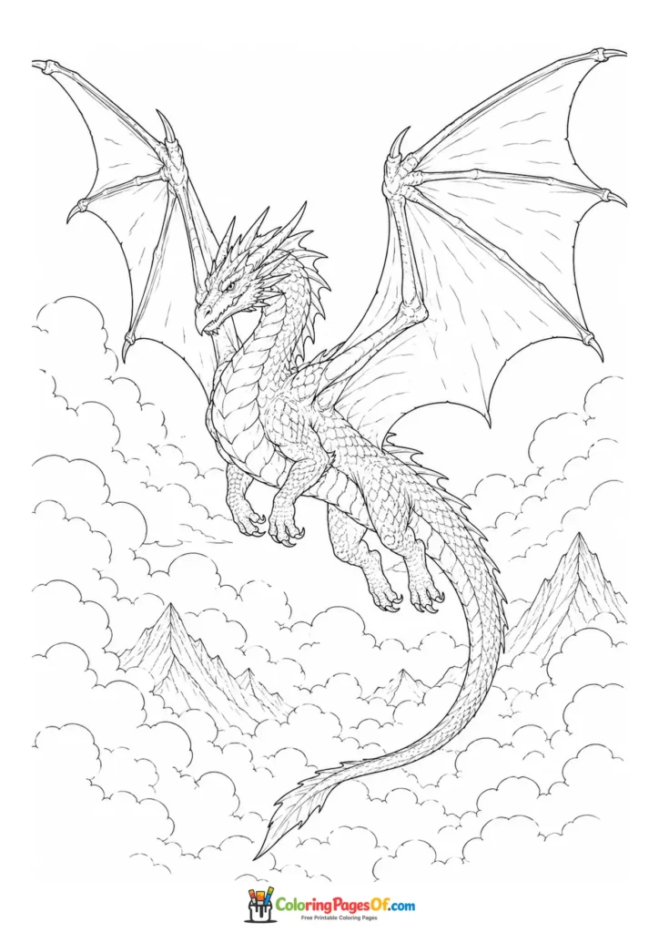 Realistic Dragon Flying Above Mountain Clouds coloring page