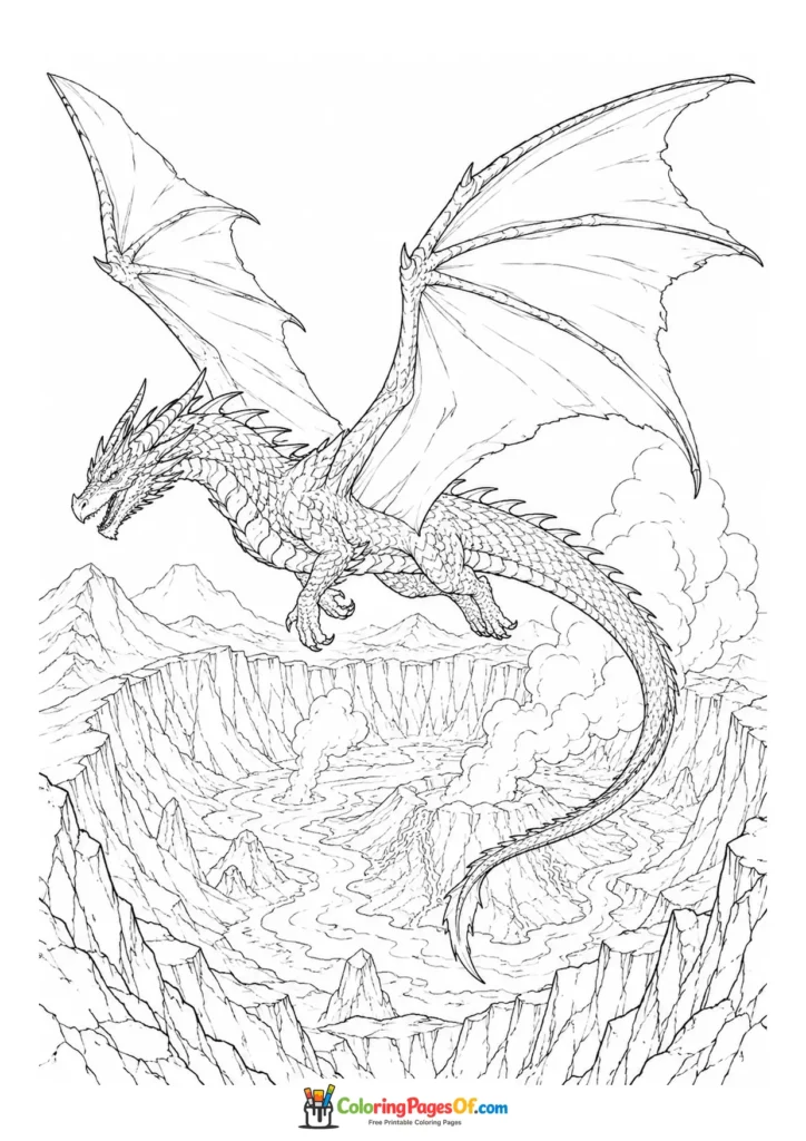 Realistic Dragon Flying Over a Volcanic Crater coloring page