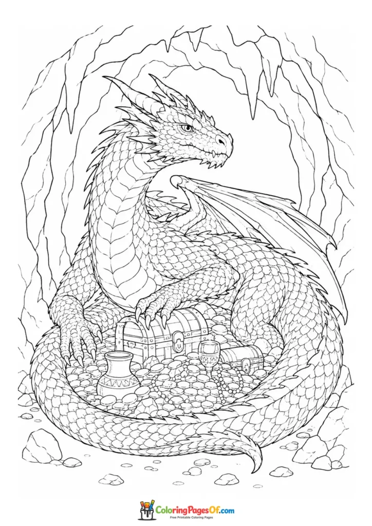 Realistic Dragon Guarding Cave Treasure coloring page