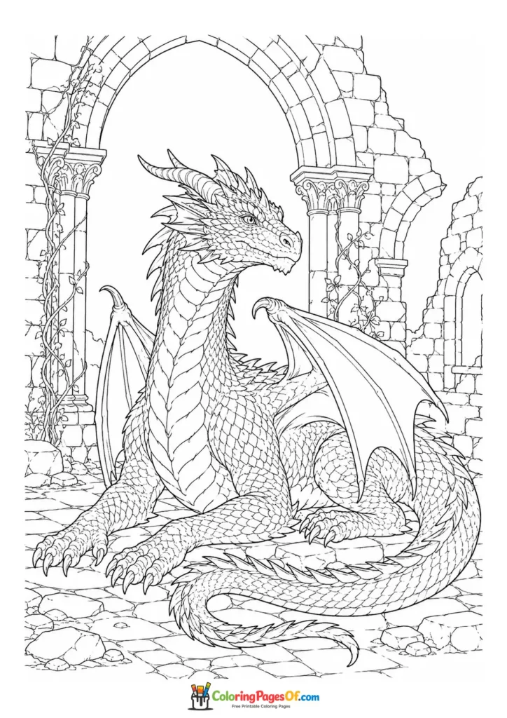 Realistic Dragon in Ancient Stone Ruins coloring page