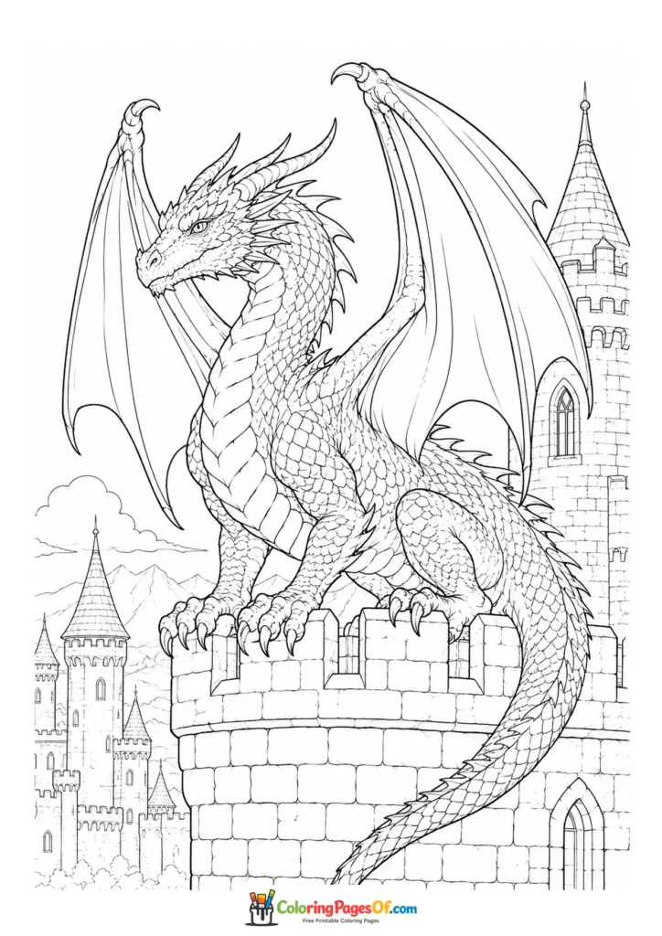 Realistic Dragon on a Castle Tower coloring page