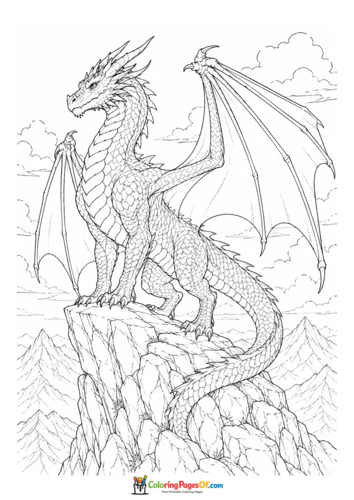 Realistic Dragon on a Mountain Cliff coloring page