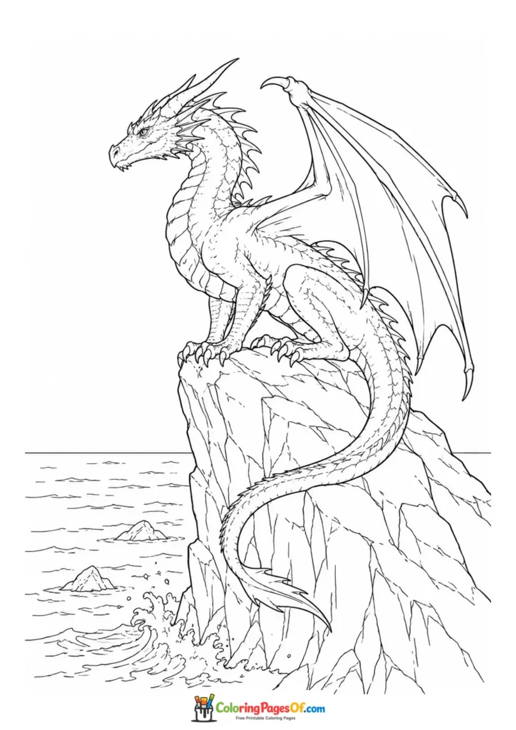 Realistic Dragon on a Sea Cliff coloring page