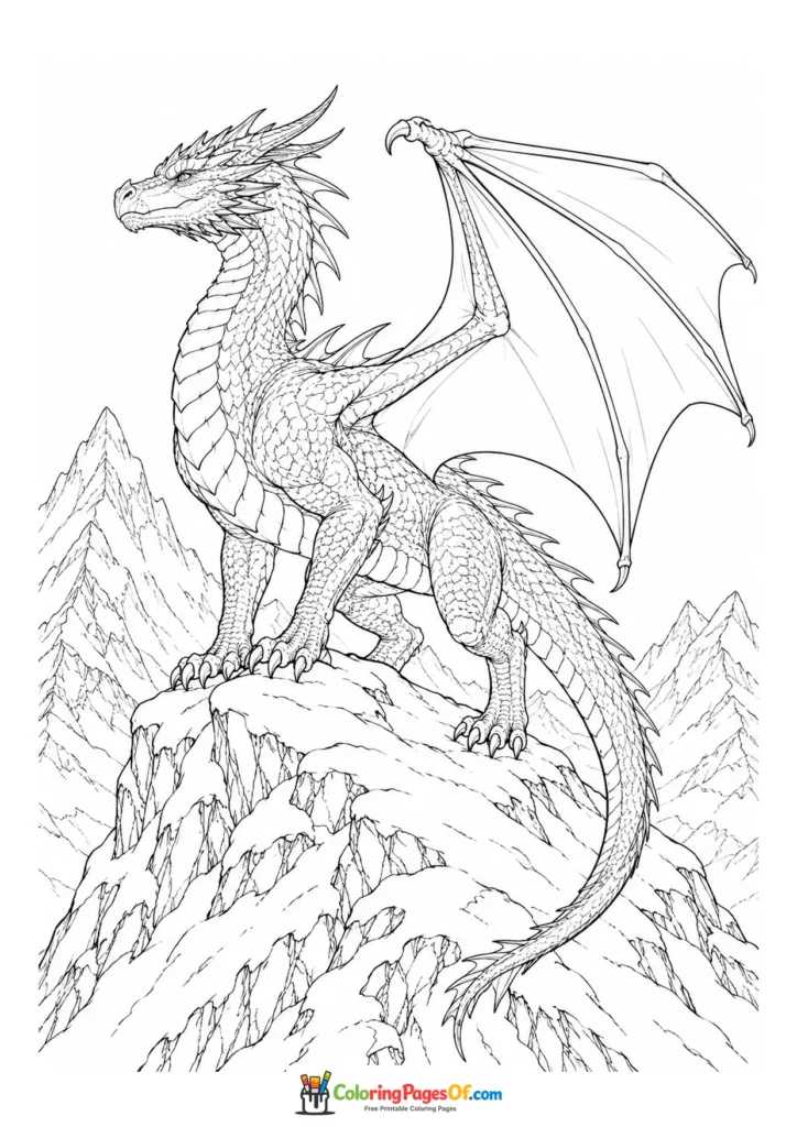 Realistic Dragon on a Snowy Mountain Peak coloring page