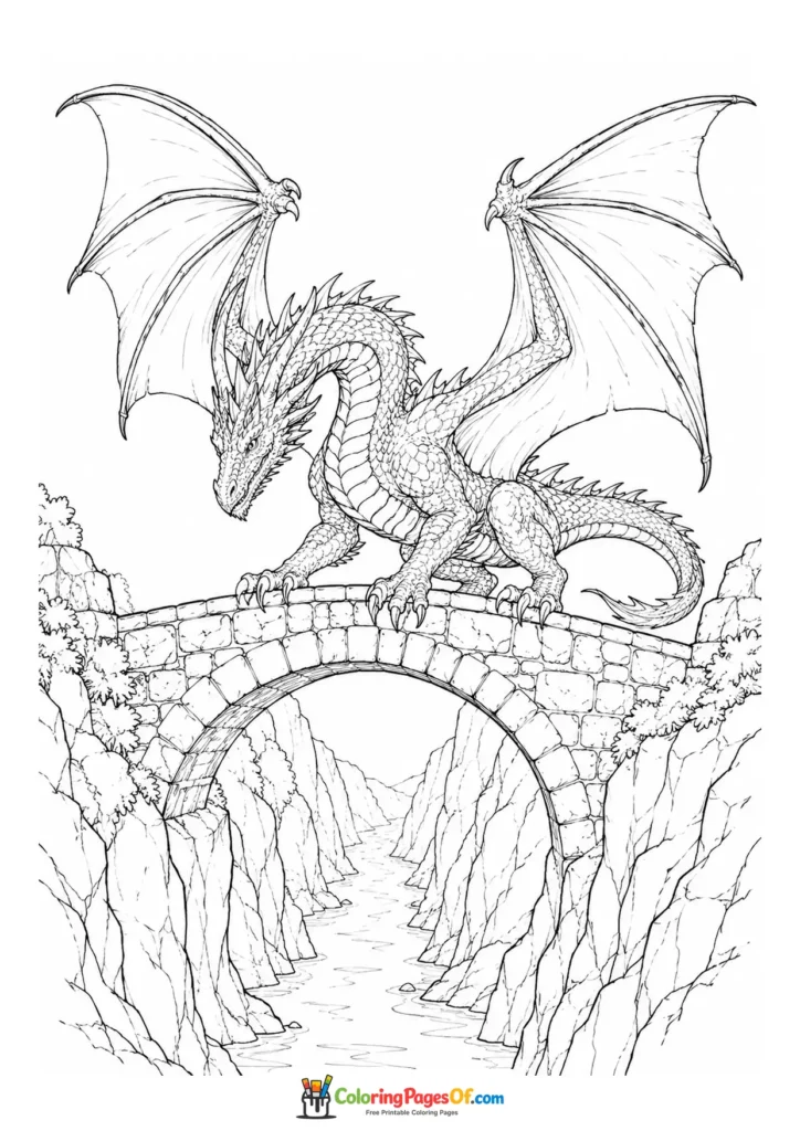 Realistic Dragon on a Stone Canyon Bridge coloring page