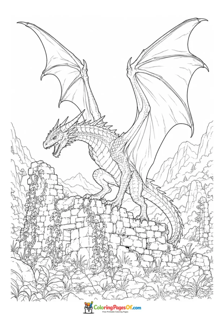 Realistic Dragon on Castle Ruins coloring page