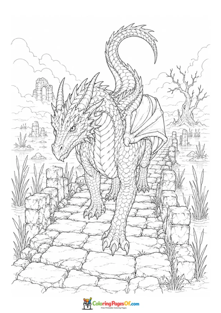 Realistic Dragon Walking on a Ruined Stone Path coloring page