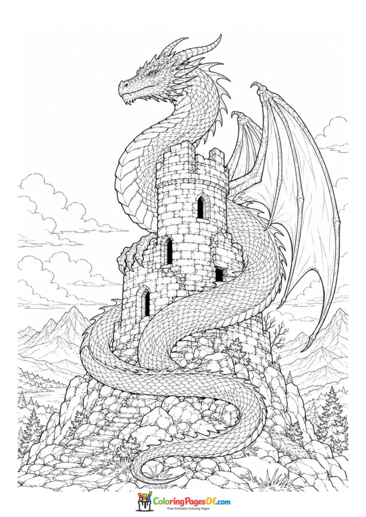 Realistic Dragon Wrapped Around a Ruined Tower coloring page