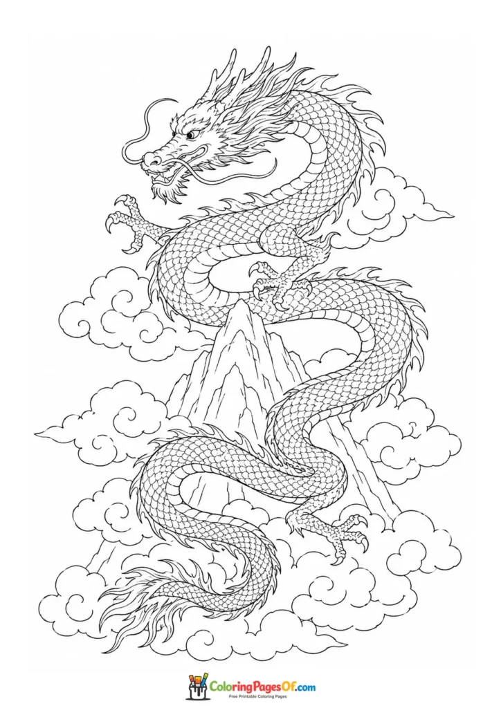 Realistic Eastern Dragon Above the Clouds coloring page
