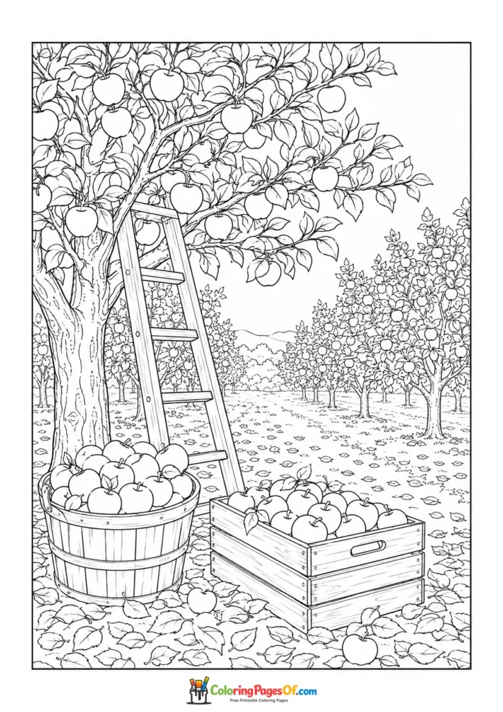 Realistic fall coloring page featuring apple orchard during harvest season