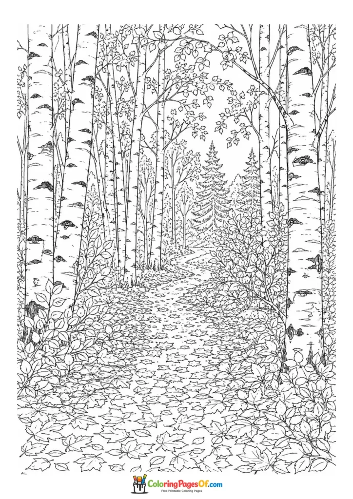 Realistic fall coloring page featuring birch forest path in autumn