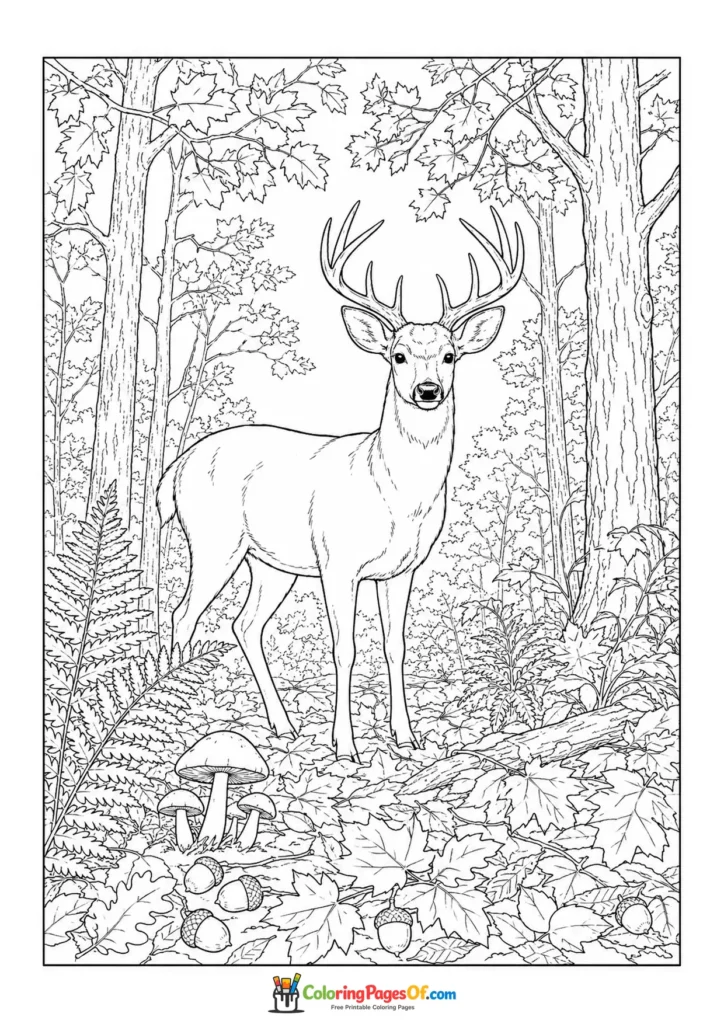 Realistic fall coloring page featuring buck deer in an autumn forest