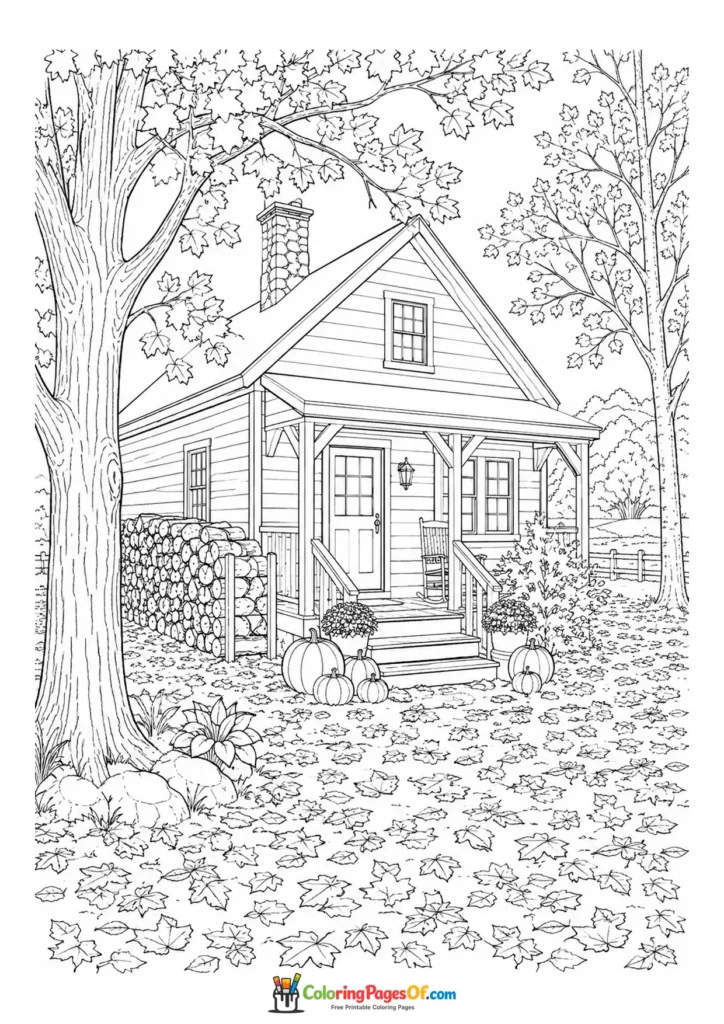 Realistic fall coloring page featuring country house surrounded by autumn leaves