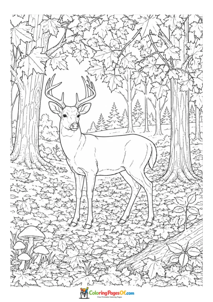 Realistic fall coloring page featuring deer in a forest clearing